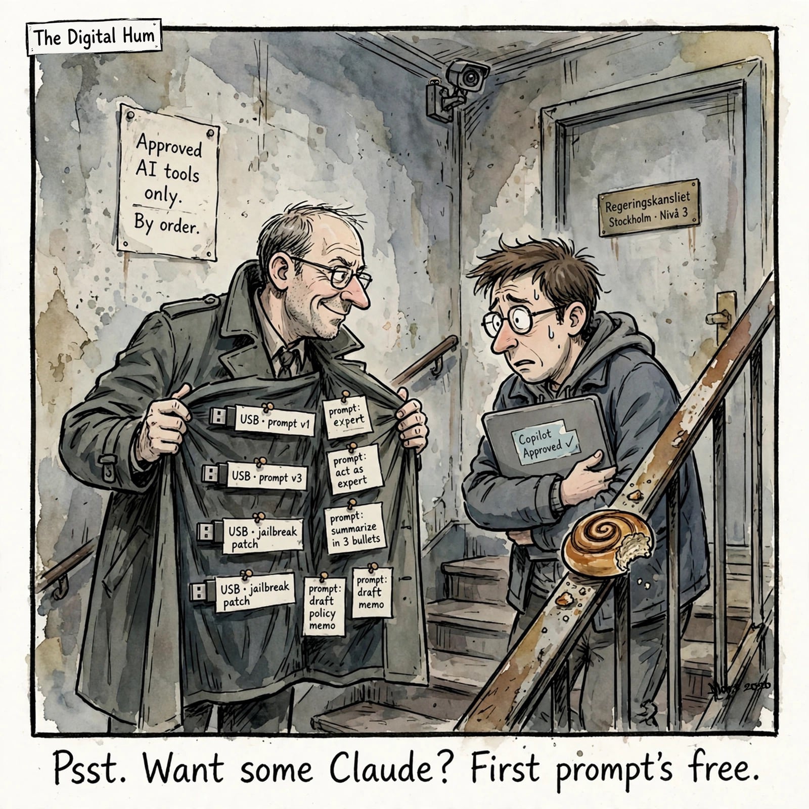 A man in a trench coat outside a Stockholm government office opens his coat to show USB sticks and prompts for sale to a nervous civil servant clutching a Copilot-approved laptop, under a sign reading Approved AI tools only.